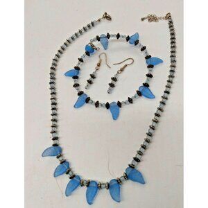 Handstrung Parure Ice Blue Acrylic Necklace, Bracelet & Earrings Set  Metal Bead